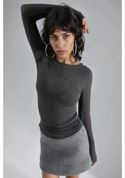 Hiccup Busem Slim Fit Kayık Yaka Bluz Koyu Gri