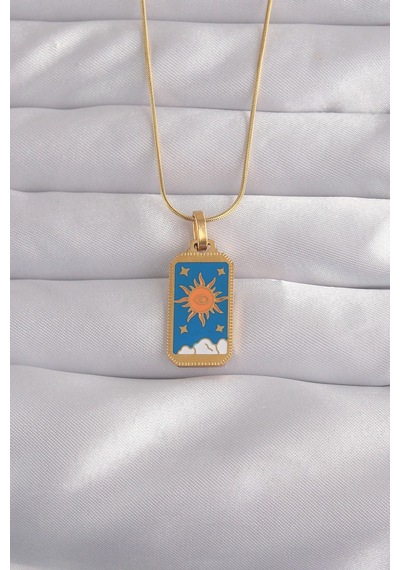 316l Çelik Gold Renk Mavi Mineli Güneş Model Tarot Kolye Karışık Renk