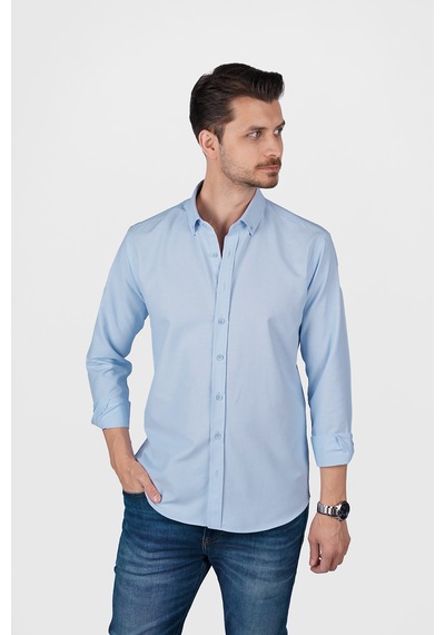 Açık Mavi Yaka Düğmeli Premium Şamre Slimfit Erkek Gömlek Açık Mavi