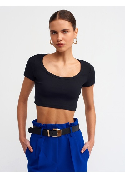 Dilvin Kısa Kollu Crop Top Siyah