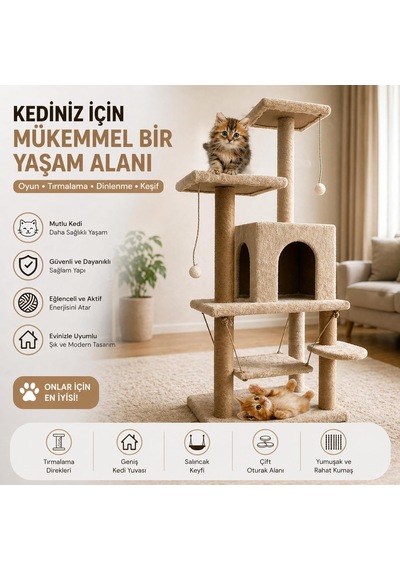Çok Katlı Kedi Tırmalama Evi, 115 Cm Yüksek Geniş Salıncaklı Komple Kumaş Kaplı 1 Büyük Yuvalı 2 Oturaklı K