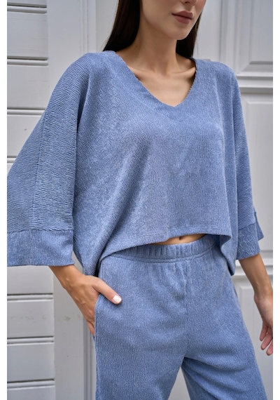 Reglan Kol Bol Kesim Bluz Mavi