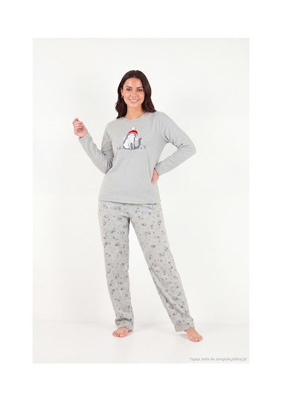 Lela Desenli Yumuşak Dokulu Kışlık Polar Pijama Takımı Kadın Pijama Takımı 6575031 Gri