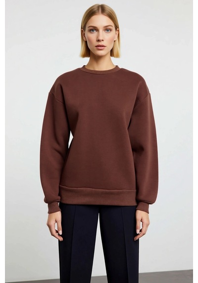 Benerly Kadın Bisiklet Yaka Düşük Kol Regular Kalıp Örme Sweatshirt Fonks Kahverengi