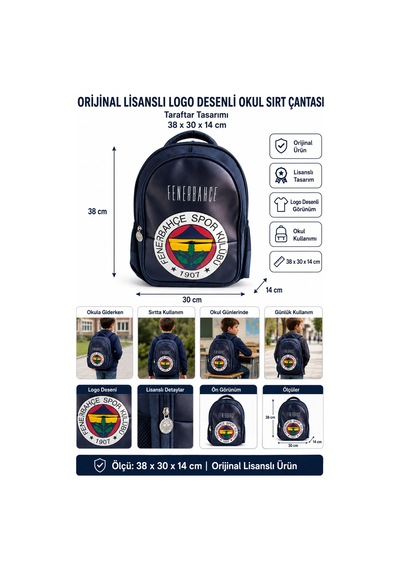 Fenerbahçe Orijinal Lisanslı Logo Desenli Okul Sırt Çantası Taraftar Öğrenci 38x30x14 Cm Çok Renkli