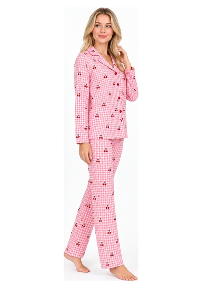 Sleeeproom Kadın Süet Düğmeli Mevsimlik Ekose Desen Pembe Pijama Takımı Pembe - Beyaz