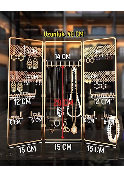Takı Düzenleyici 3'Lü Altın Takı Organizeri Dekoratif Takılık Küpelik Bileklik Kolye Seti Standı Metal Gold