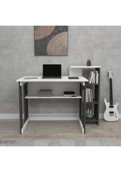 Reyo Home Enda Saye 5 Raflı Kitaplıklı Çalışma Masası Antrasit - Beyaz