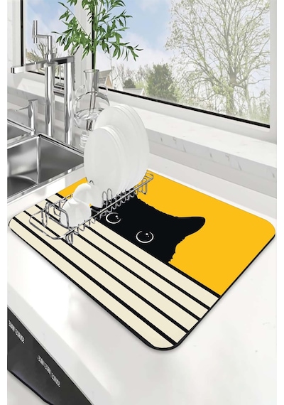 Sarı Kedi Temalı Microfiber Bulaşık Kurutma Matı Mm015