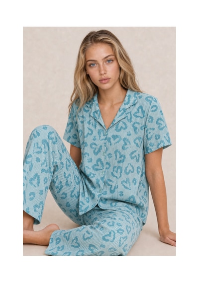 Fit Women Kadın Kısa Kol Desenli Mint Pijama Takımı 4740 Mint Yeşili