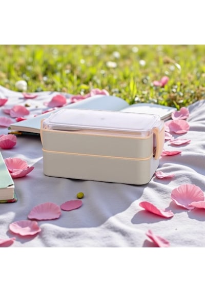 Titiz Fely 2 Katlı Öğle Yemeği Kabı - Çatal Kaşık Dahil - Sızdırmaz & Kilitli Lunch Box- Krem Renk Çok Renkli