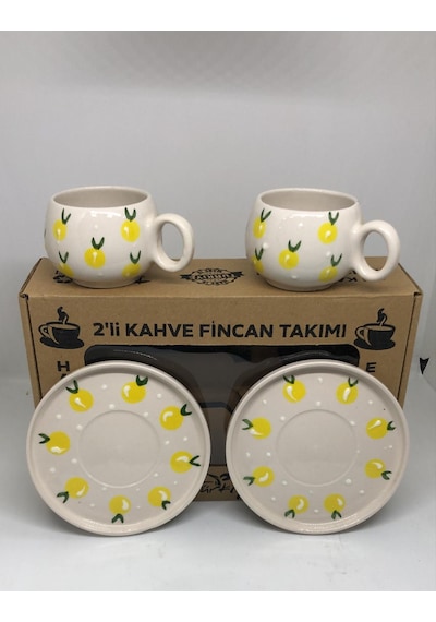 El Yapımı Limon Desenli 2'li Kahve Fincan Takımı Çok Renkli