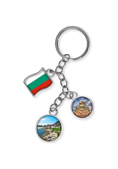 Bulgaristan Üçlü Epoksi Metal Çift Taraflı Damla Anahtarlık Bulgaria Gümüş