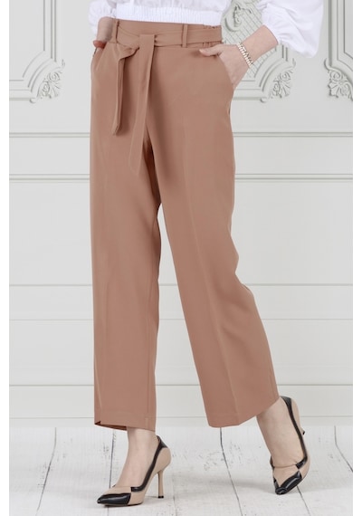 Sevitli Beli Bağlamalı Bol Paça Pantolon-vizon-3665-vizon Vizon