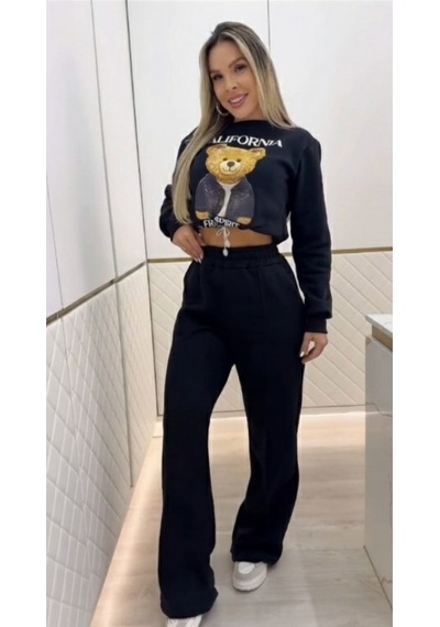 Efnaz Style Kadın Uzun Kollu Bisiklet Yaka Desenli Iki Iplik Şardonlu Bluz Ve Pantolon Ikili Takım Siyah
