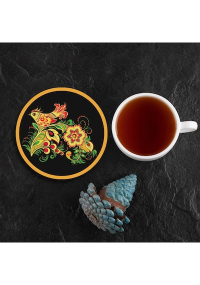 Valerine Life Sarı Siyah Kuş Desenli Yıkanabilir Kaydırmaz Ofis Çay Ve Fincan Bardak Altlığı 10x10cm 6 Adet Siyah