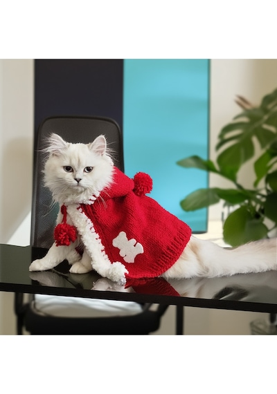 Kedi Ve Köpek İçin Kırmızı Beyaz Kapüşonlu Pelerin