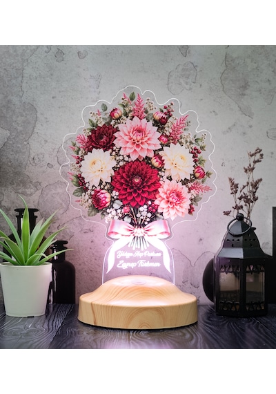 Dahlia Yıldız Çiçeği Buketi Led Lamba, Kişiye Özel Işıklı Solmayan Çiçek İsimli Kadına, Doğum Günü Hediyesi Dahlia Yıldız Buketi
