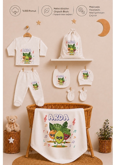 Pia Baby Kişiye Özel %100 Pamuk Erkek Bebek Hastane Çıkışı Zıbın Seti 8 Parça Kese Hediyeli 2010zybk0x Ekru
