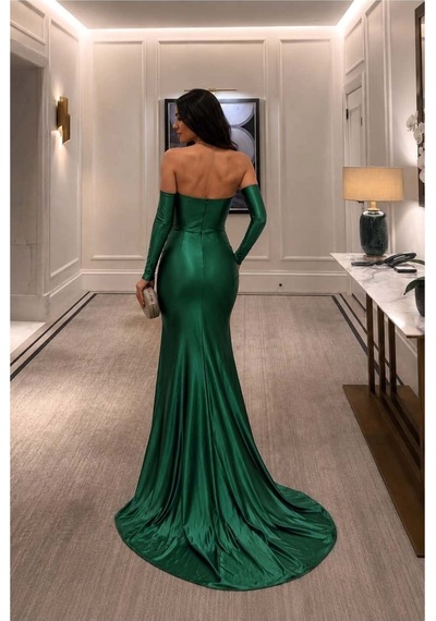 Lior Design Kadın İnce İşçilik Straplez Yırtmaçlı Abiye Elbise Zümrüt