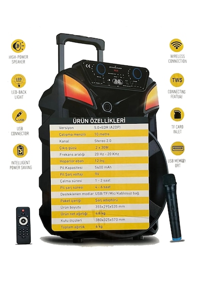 Bluetooth Hoparlör Speaker Karaoke Mikrofonlu Süper Bas Hoparlör 2x30w Büyük Boy Tekerlekli 5400mah