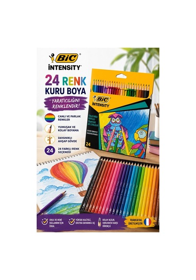 24 Lü Kuru Boya Kalemi Karton Kutu 1 Paket Bic İntensity 24 Renk Kuruboya Tam Boy Canlı Renkli Boya Kalem Okul Öğrenci Çok Renkli