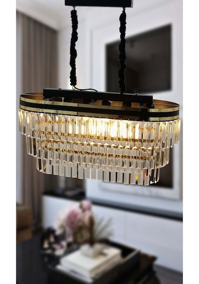 Sedef Şeritli 70x30 Cm Lik Kristal Taşlı Lüks Avize - Yatak Odası - Salon - Mutfak - Hol Altın