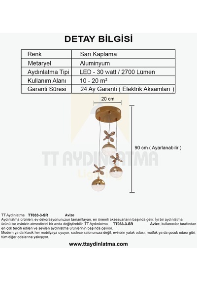 Ttaydınlatma Kelebektoplumodel Sarıkaplama 3lü 3 Renkli Led Avize Sarı