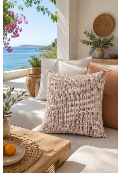 Fuly Consept Coastweave Sunset Dekoratif Kırlent Kılıfı Turuncu Krem Dokuma Görünümlü Akdeniz Stil Kırlent