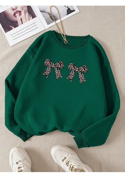 Uyguntarz Unisex Leopar Desenli Kurdele Baskılı Oversize Sweatshirt Yeşil