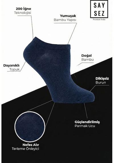 Saysez Bambu Kadın Sneaker Lacivert Çorap Dikişsiz Görünmez Bilekte Spor Çorap Premium 4'lü Paket Lacivert