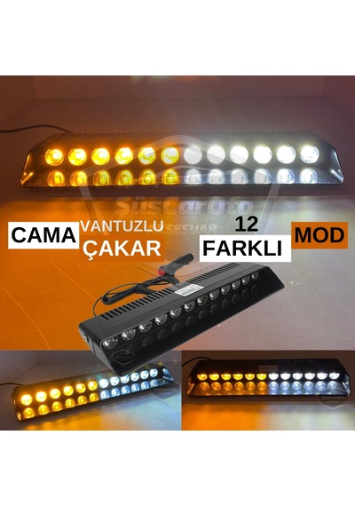 S12 Cam İçi Vantuzlu Ambulans İtfaiye Çakar Lamba İkaz Lambası 12 Ledli 12 Farklı Mod Sarı Beyaz Çakmaklık Girişli 00 Şüscaroto Aksesuar