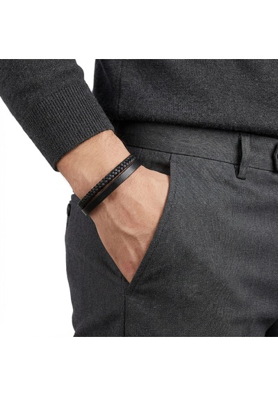 Moncuk Design Siyah Deri Ve Saç Örgü İkili Çelik Erkek Bileklik 33513b12d1