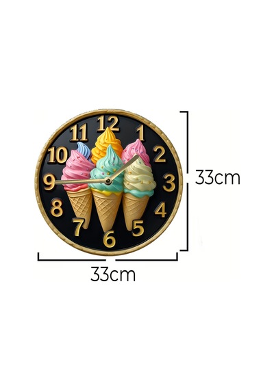Renkli Dondurma Külahlı Mdf Duvar Saati 3d Görünümlü, Sessiz Mekanizmalı, 2d Hd Baskı Sdw241 Renkli