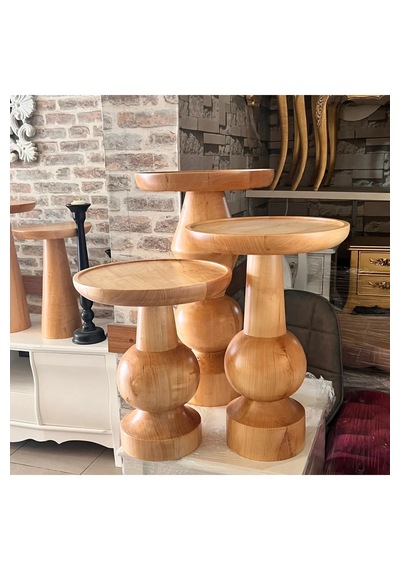 Wood Ahşap 3 Lü Set Fitilli Mantar Yan Sehpa Modern Fiskos / Çiçe
