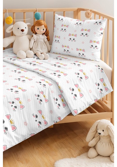 Evimde Bambaşka Kedi Beyaz Kız Çocuk Pike Takımı - Sevimli Minimal Pembe Altın Bebek Odası Yatak Örtüsü - 160x220  CM