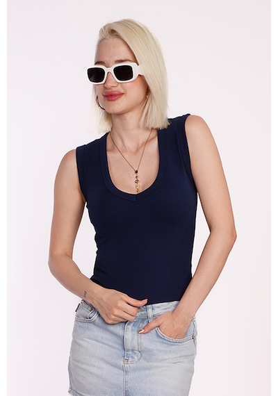 Madmext Lacivert V Yaka Biyeli Kadın Atlet Mg2292 Lacivert