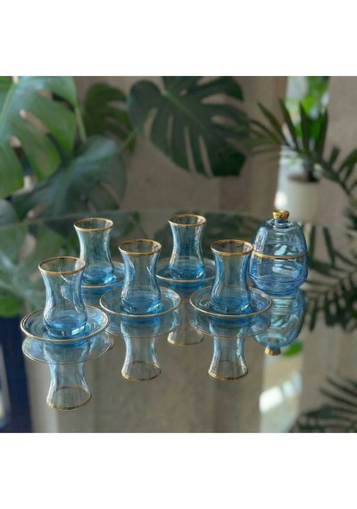 Alfafe Home 13 Parça Mavi Lüster Altın Yaldızlı Cam Çay Seti 6 Kişilik Çay Takımı Şekerlik Hediyeli Mavi