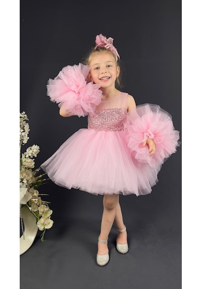 Mnk Baby & Kids Şifon Robalı Ponpon Kol Pul Payetli Kız Çocuk Kabarık Etek Tütülü Abiye Pembe