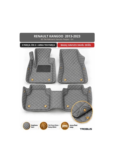 Renault Kangoo 2013-2023 Uyumlu 8d Tek Katmanlı Havuzlu Paspas Kapitone Deri Gri