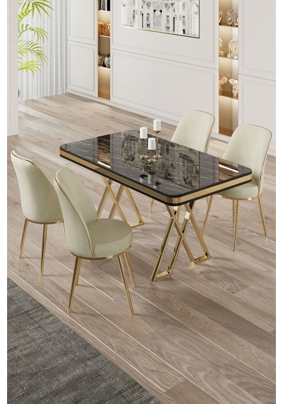 Canisa Vals Serisi 80x130 Lak Panel Siyah Mermer Desen Masa Takımı Gold Ayaklı 4 Krem Sandalye Masa Siyah Mermer Desen Sandalye Krem Canisa Vals Serisi 80x130 Lak Panel Siyah Mermer Desen Masa Takımı Gold Ayaklı 4 Krem Sandalye Masa Siyah Mermer Desen Sandalye Krem