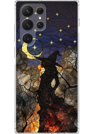 Printify Samsung Galaxy S22 Ultra İle Uyumlu Vitray Cadı Saati Tasarımlı Şeffaf Silikon Kılıf Şeffaf