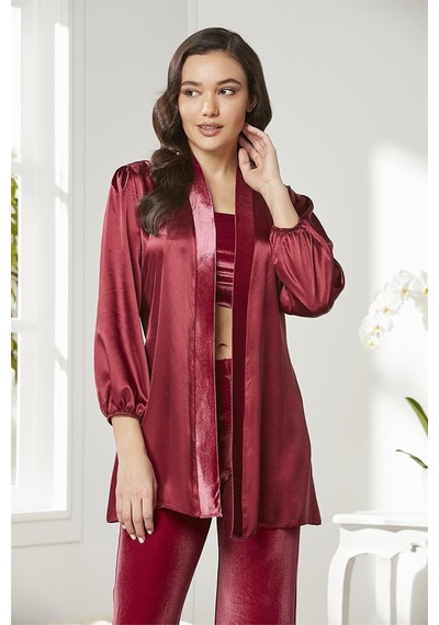 Pierre Cardin 2050 Kadın Kadife Saten Sabahlıklı Pijama Takım-bordo Bordo