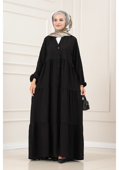 Sevitli Lilyum Kumaş Robalı Katya Elbise-siyah-5823