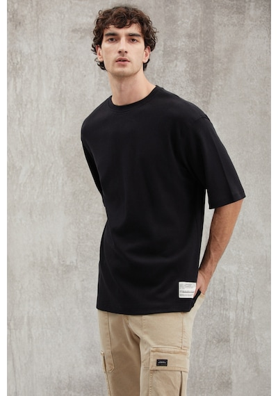 Grimelange Joel  Erkek %100 Organik Pamuklu Kalın Kumaşlı Özel Dokulu Etiket Detaylı Oversize Siyah T-shirt