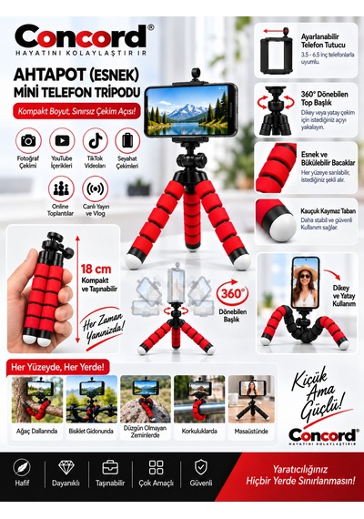 Concord Ahtapot Esnek Mini Telefon Tripodu - 360 Döner Başlıklı - 18 Cm Vlogging & Tiktok Çekim Ayak Kırmızı Katlanabilir