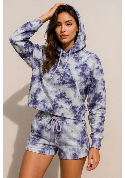 Rich Kadın Lila Kapüşonlu Sweatshirt-şortlu Alt Üst Takım Oversize Batik Desen İkili Takım Çok Renkli