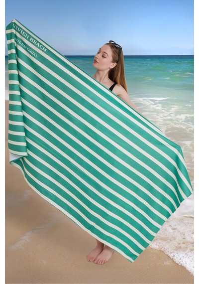 Çizgili Dijital Baskılı 100x180 Cm Plaj Havlusu Plaj Çantası+bon Yeşil