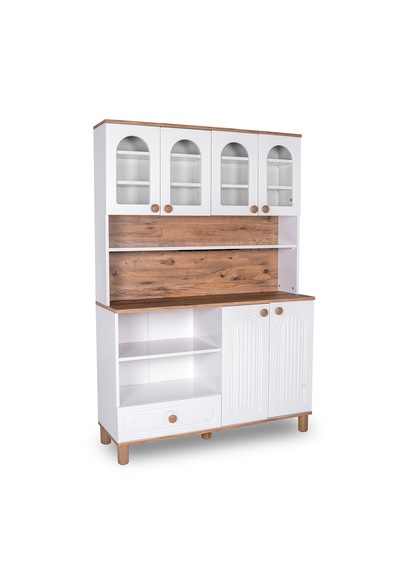 Modilay Bohem Membran Kahve Köşesi Ve Çok Amaçlı Dolap - Camlı Vitrinli Mutfak Konsolu - 128 Cm Ceviz - Beyaz