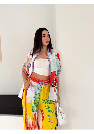 Asprin Fashion Yaz Baskılı Gömlek Pantolon Takım Turuncu